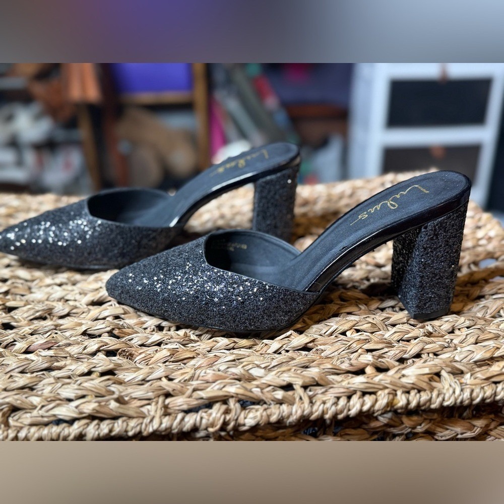 Lulus Black Glitter Pointed Toe Mule Heels Block Heel Size 7.5‎
